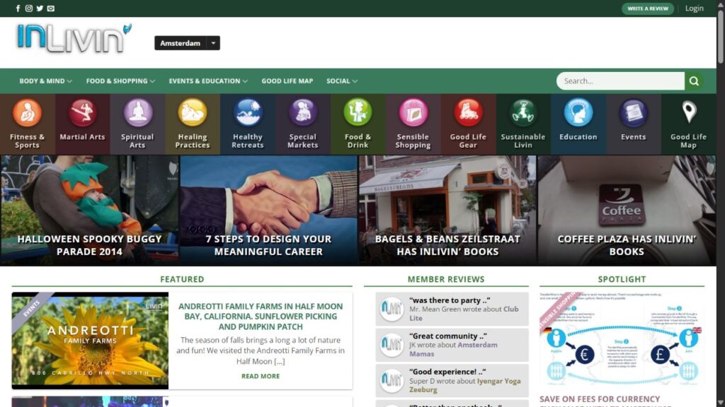 Screenshot van Inlivin met de online gids, artikelen en bezoekersreviews