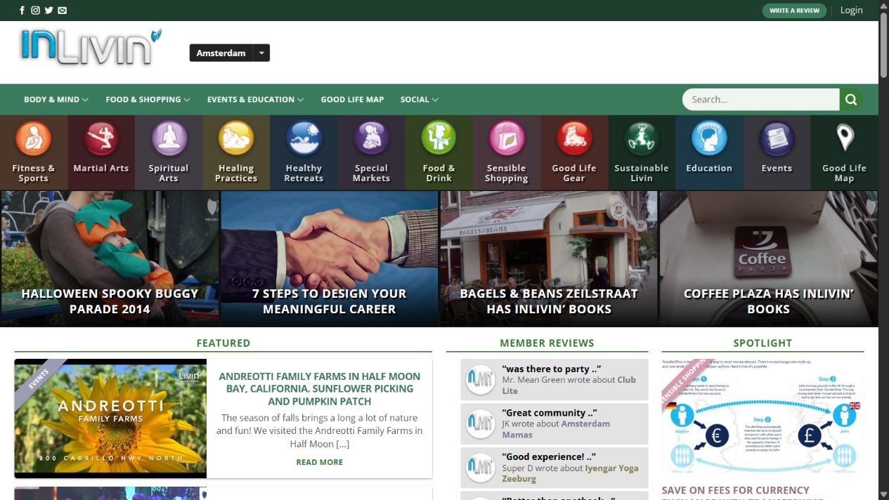 Screenshot van Inlivin met de online gids, artikelen en bezoekersreviews